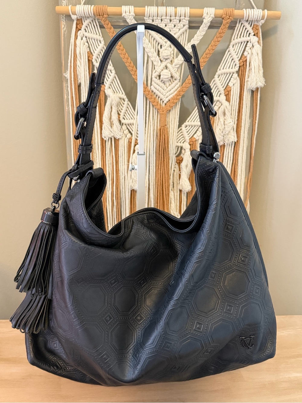 Vince Camuto Signature Black Embossed Leather Hobo Bag with Removable Tassels - Picture 1 of 11